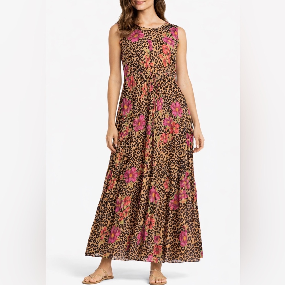 American Angel Leopard Floral Sleeveless Maxi Dress Tie Back Size Medium